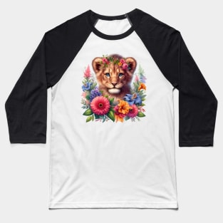 A baby lion decorated with beautiful colorful flowers. Baseball T-Shirt